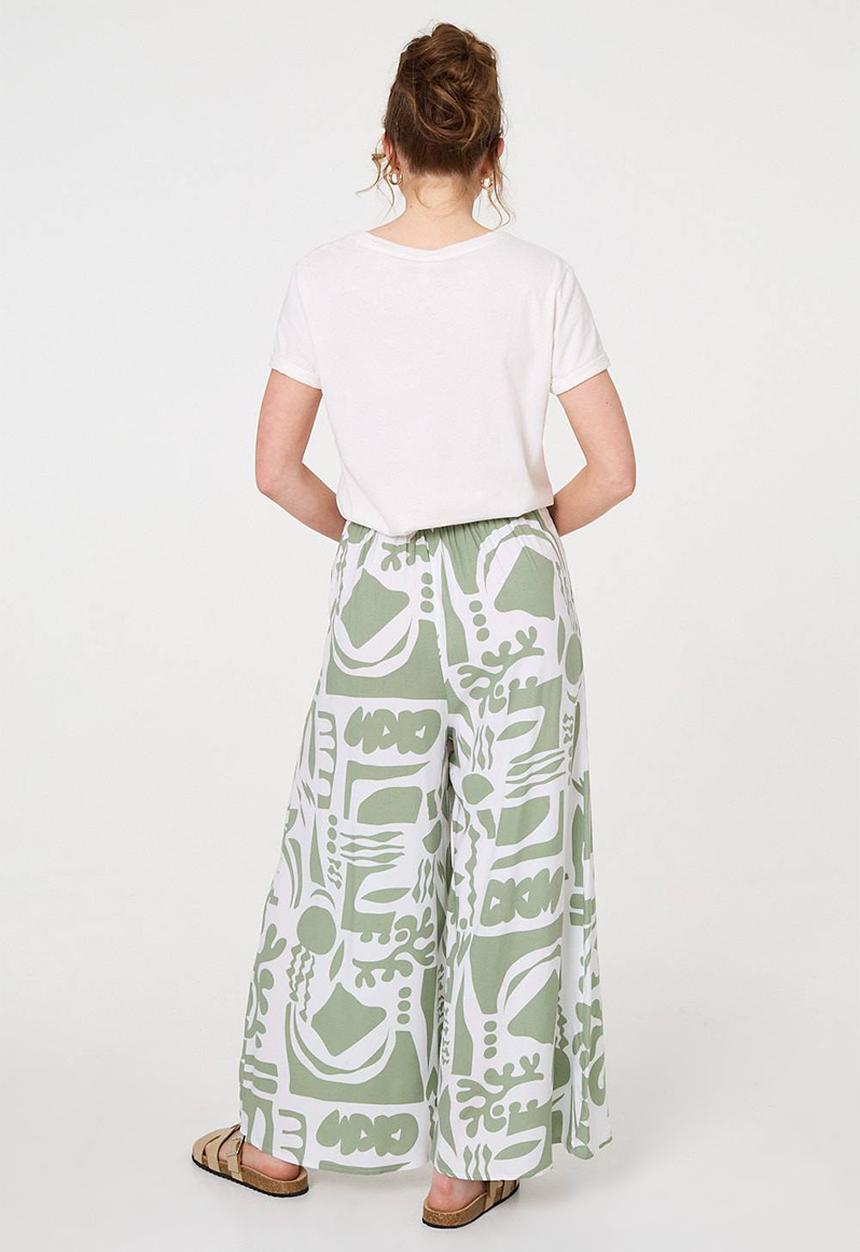 Izabel London - Multi design print Palazzo Wide Leg Pant - Sage