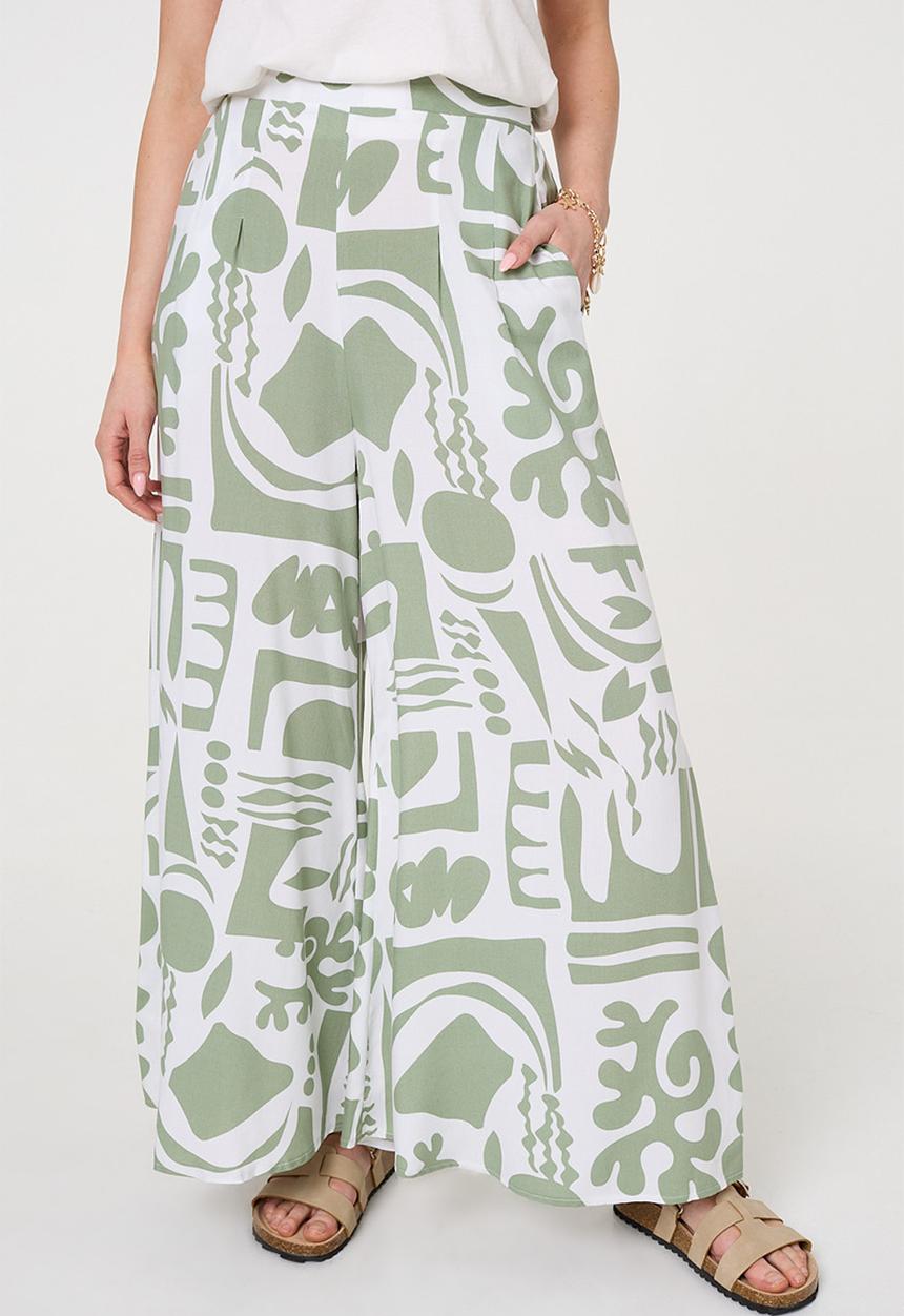 Izabel London - Multi design print Palazzo Wide Leg Pant - Sage