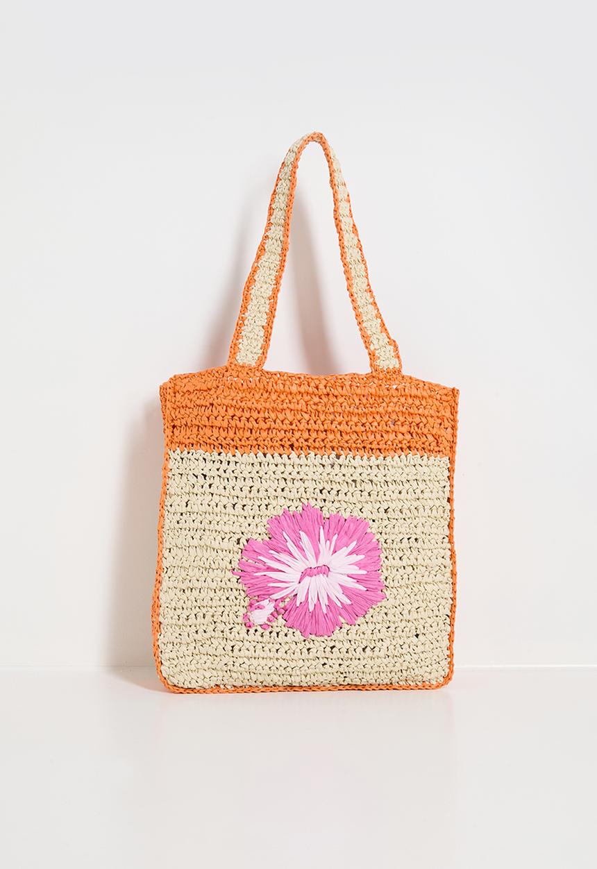 Rubi - Sierra woven tote bag- orange colour block/floral