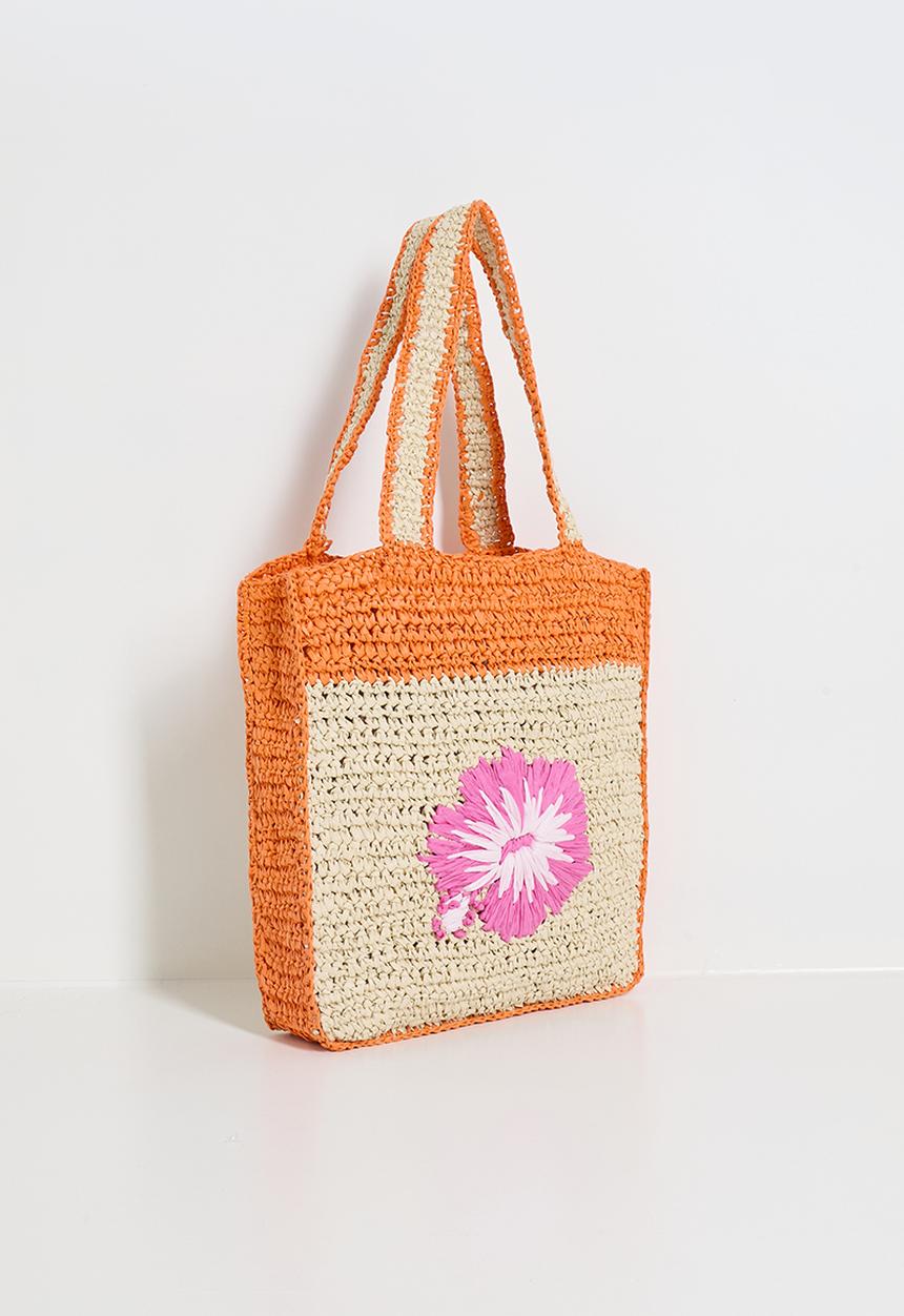 Rubi - Sierra woven tote bag- orange colour block/floral