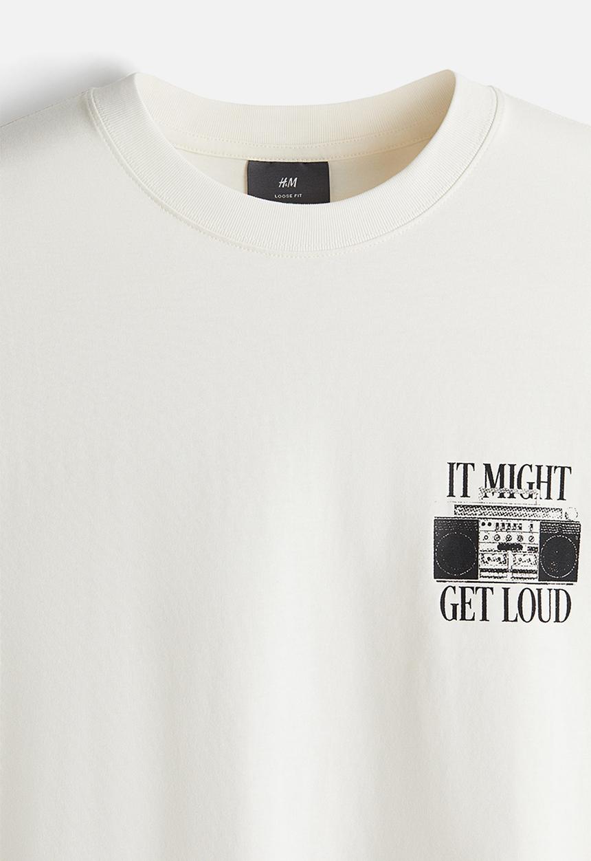 H&M - Loose fit printed T-shirt - cream/it might get loud