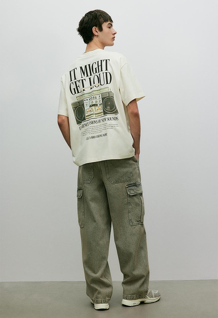 H&M - Loose fit printed T-shirt - cream/it might get loud