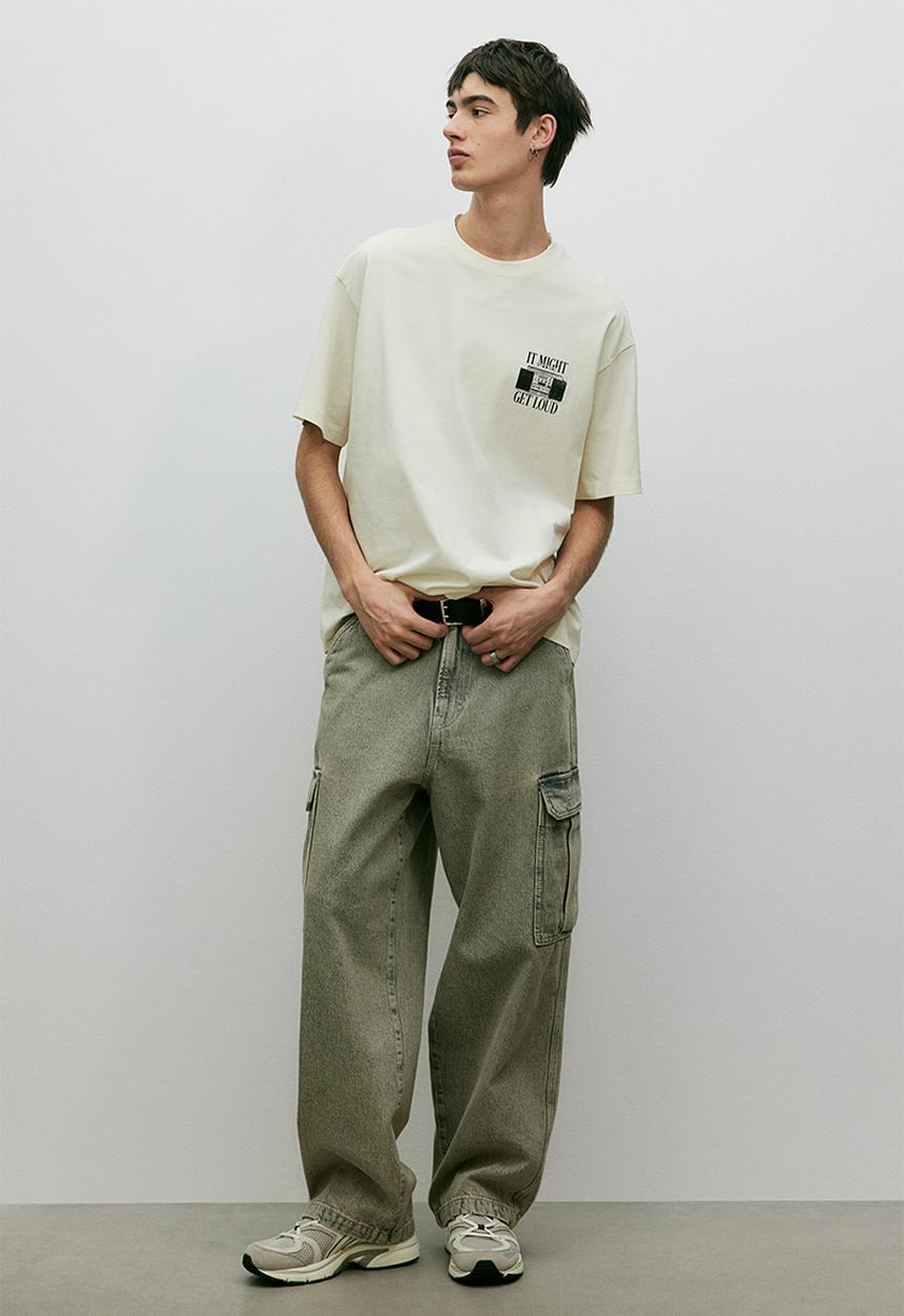 H&M - Loose fit printed T-shirt - cream/it might get loud