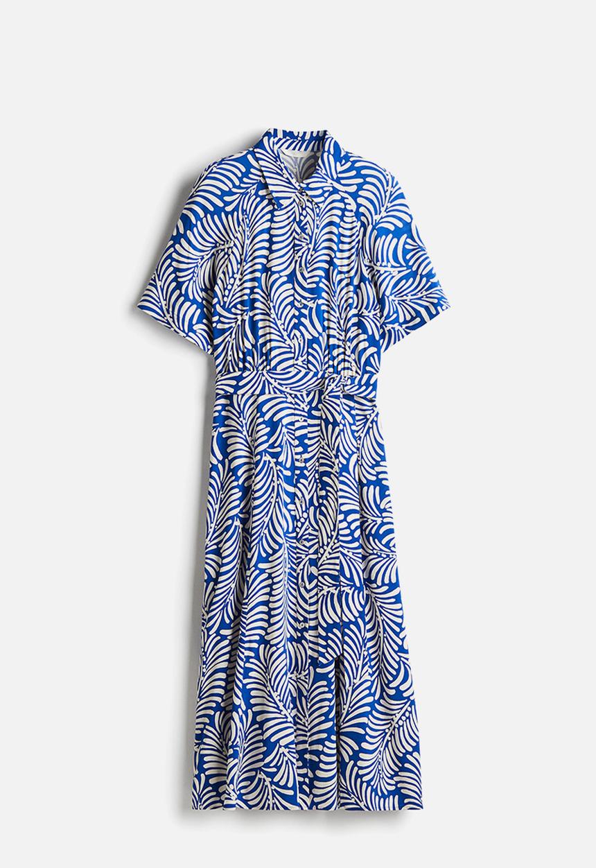 H&M - Tie-belt shirt dress - bright blue & white patterned