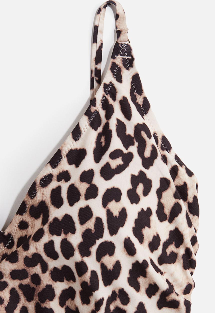 H&M - Padded-cup drawstring-detail swimsuit - light beige/leopard print