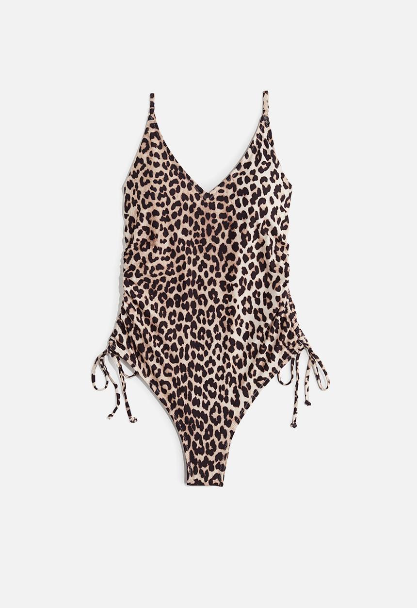 H&M - Padded-cup drawstring-detail swimsuit - light beige/leopard print