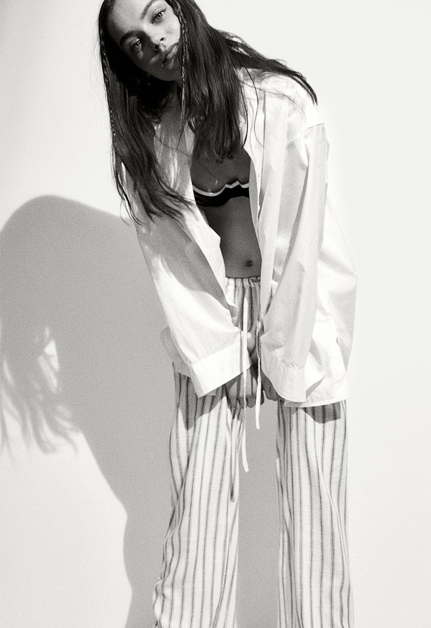 H&M - Straight drawstring trousers - cream/striped
