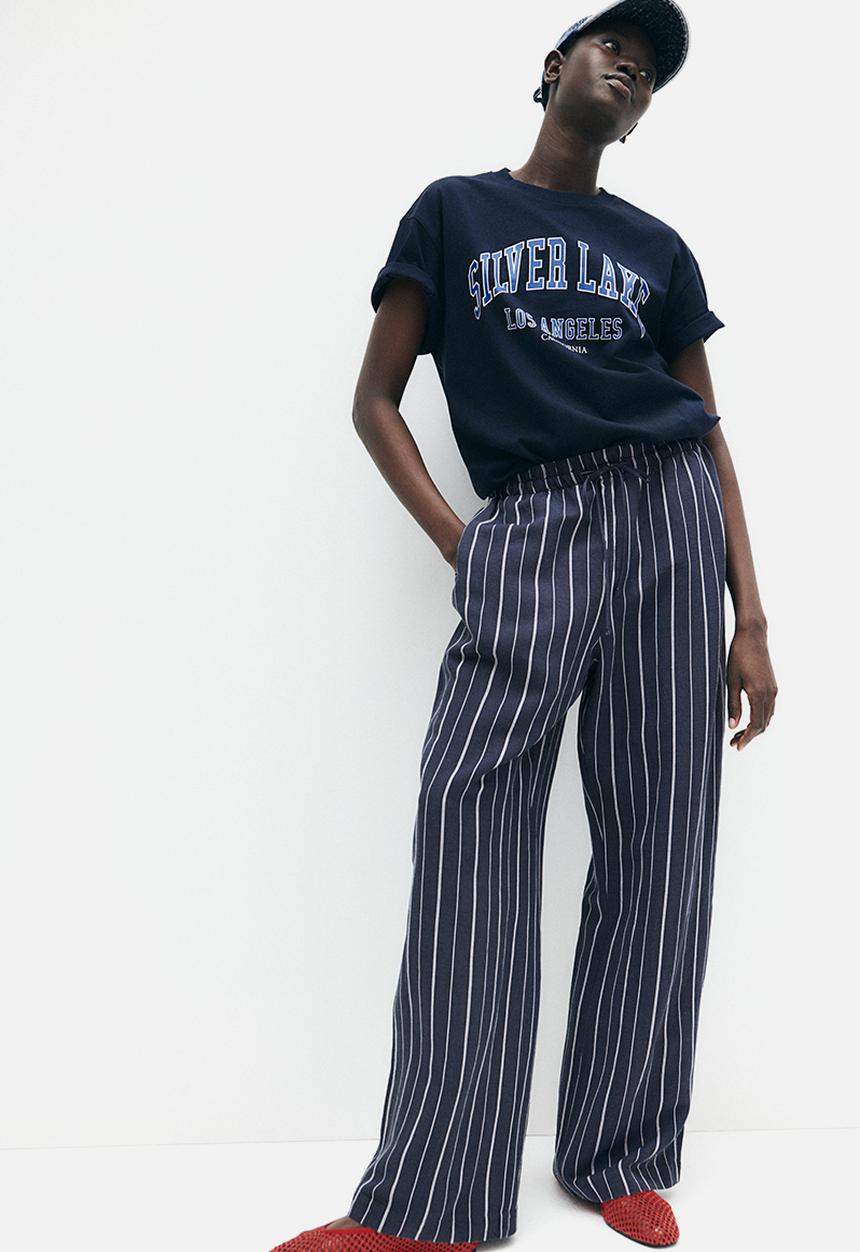 H&M - Linen-blend trousers - navy blue striped