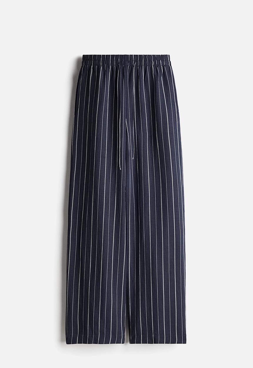 H&M - Linen-blend trousers - navy blue striped
