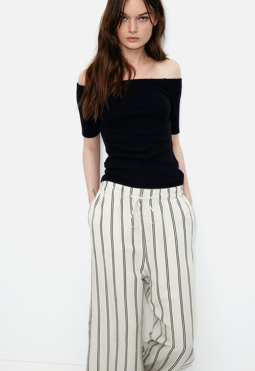 H&M - Linen-blend trousers - light beige striped