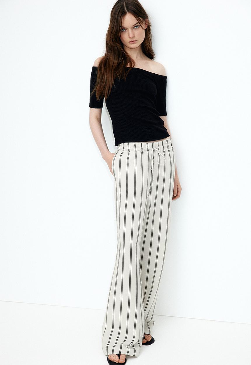 H&M - Linen-blend trousers - light beige striped