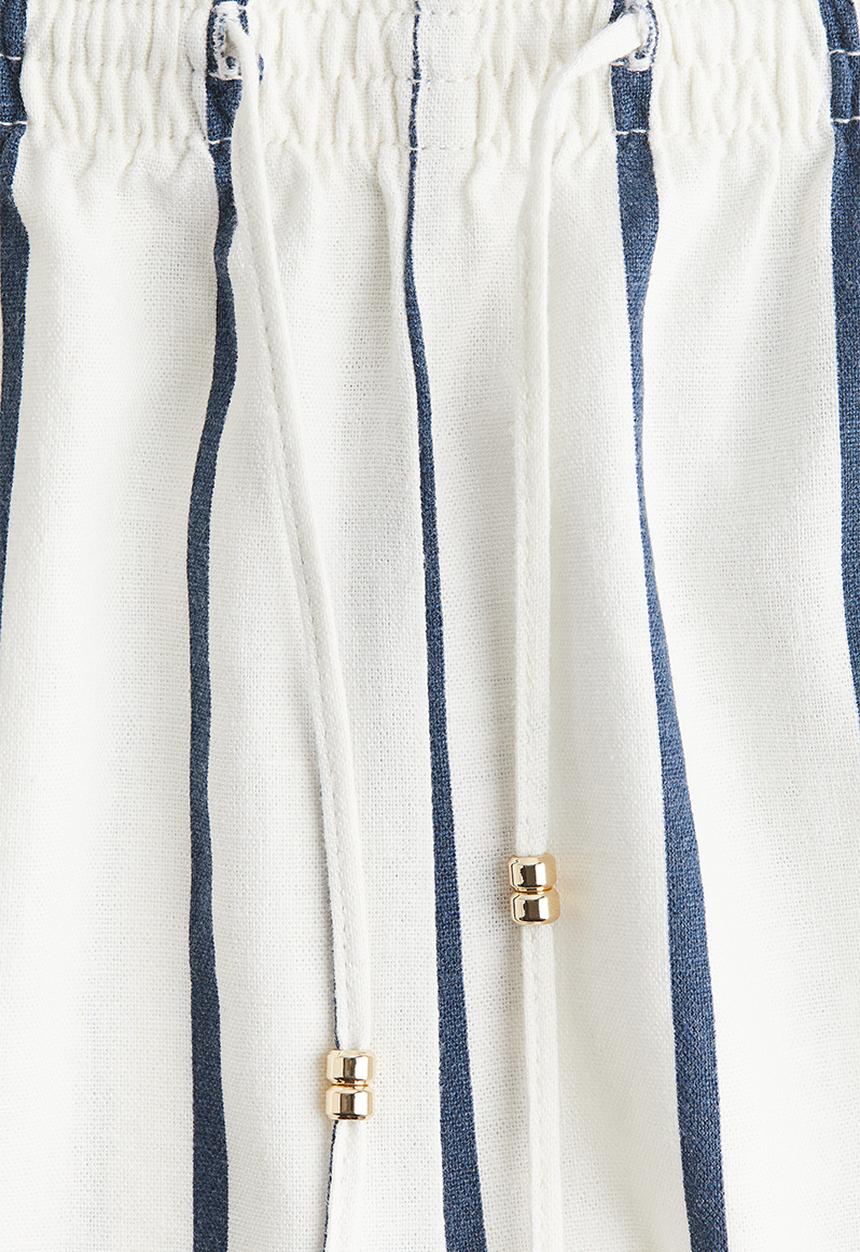 H&M - Linen-blend drawstring shorts -  white/navy blue striped 