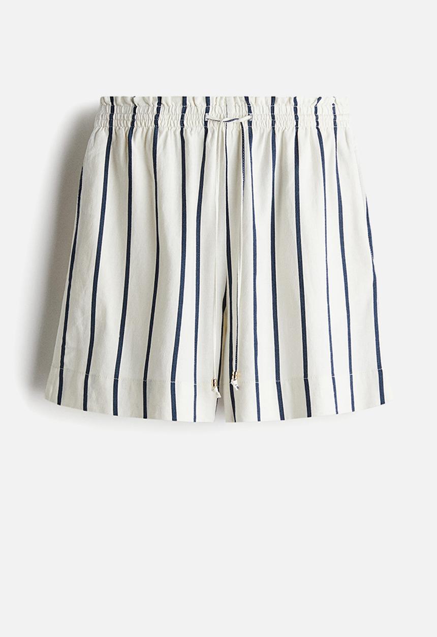 H&M - Linen-blend drawstring shorts -  white/navy blue striped 