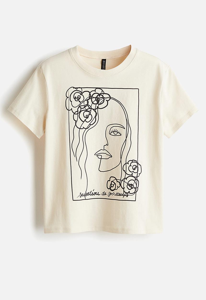 H&M - Printed t-shirt - light beige/portrait