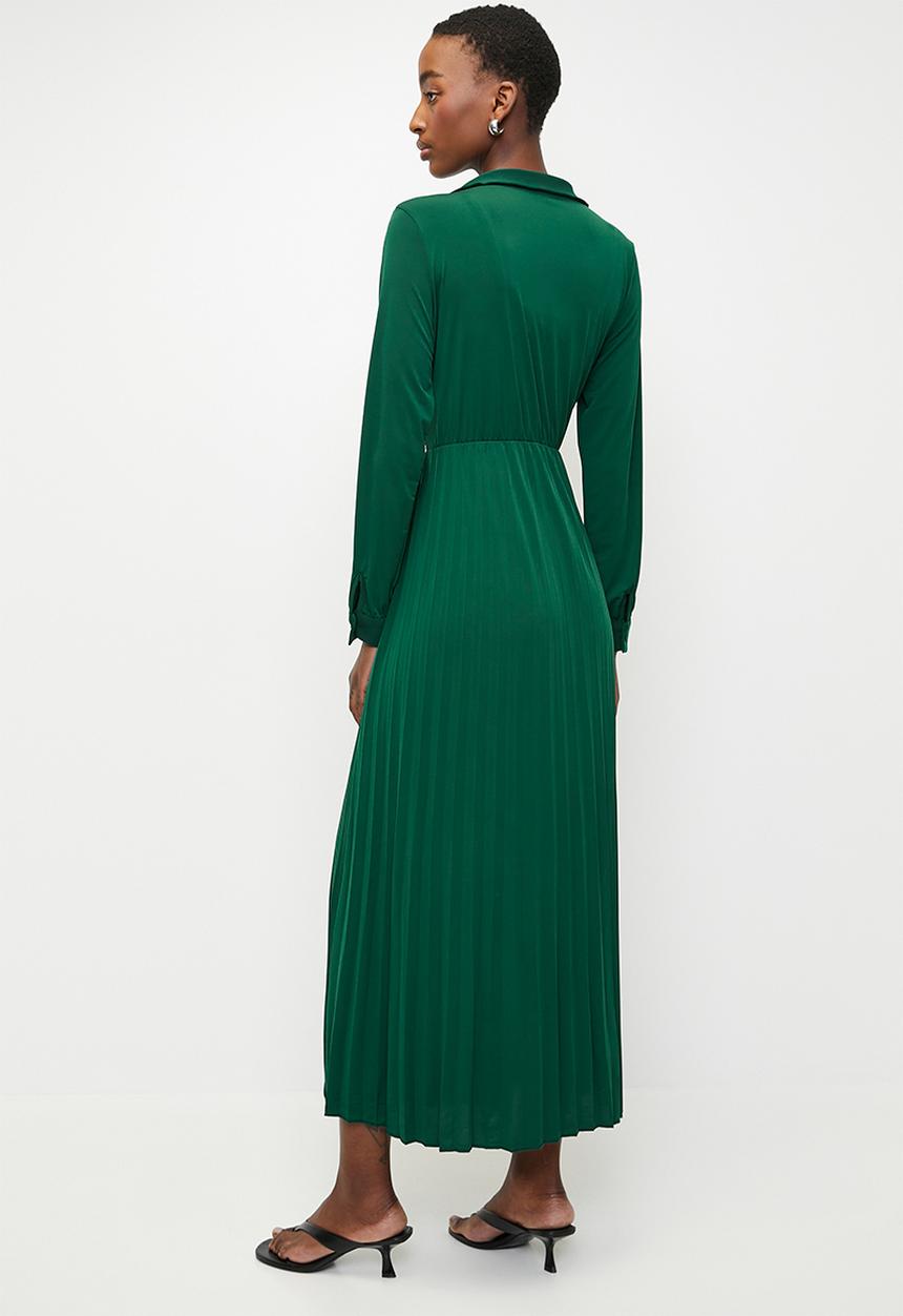 Trendyol - Double Breasted Pleated  Knitted Dress -Emerald