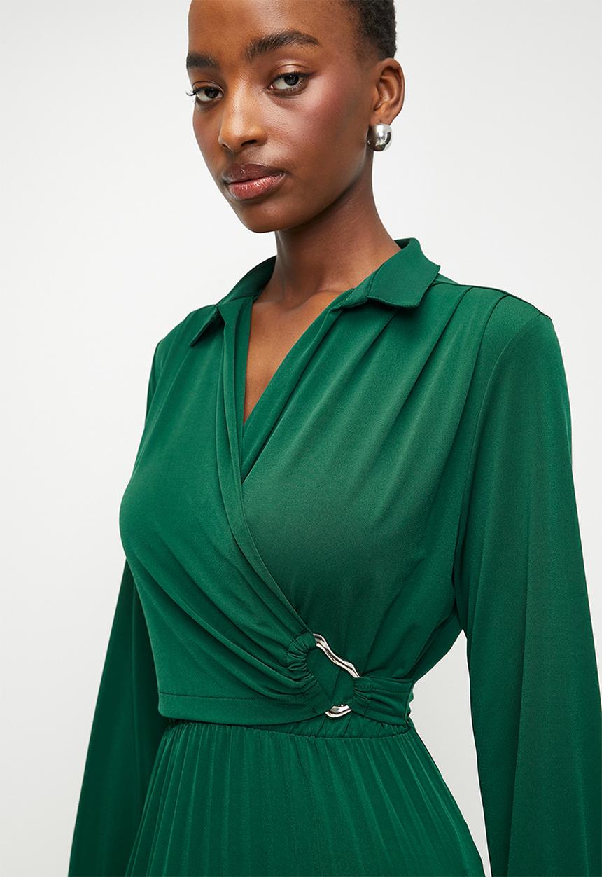 Trendyol - Double Breasted Pleated  Knitted Dress -Emerald