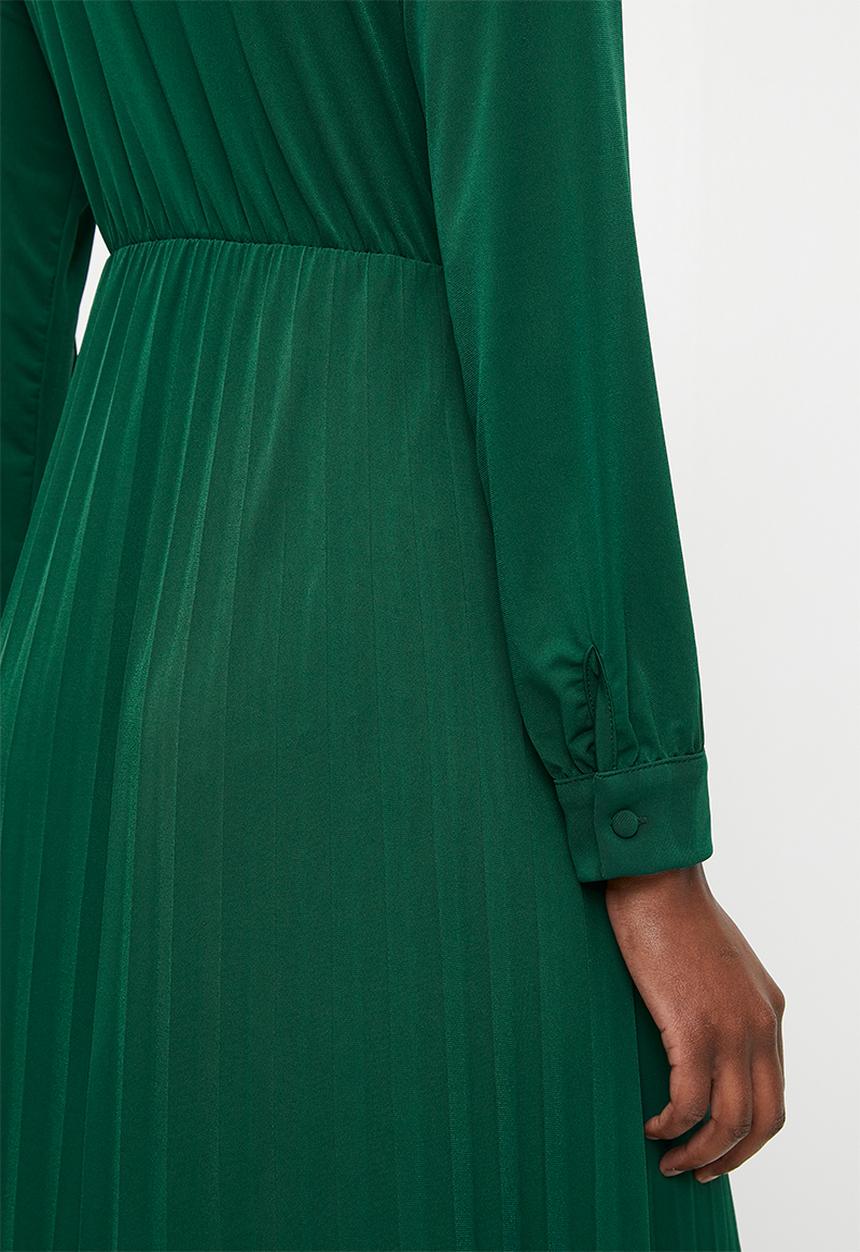 Trendyol - Double Breasted Pleated  Knitted Dress -Emerald
