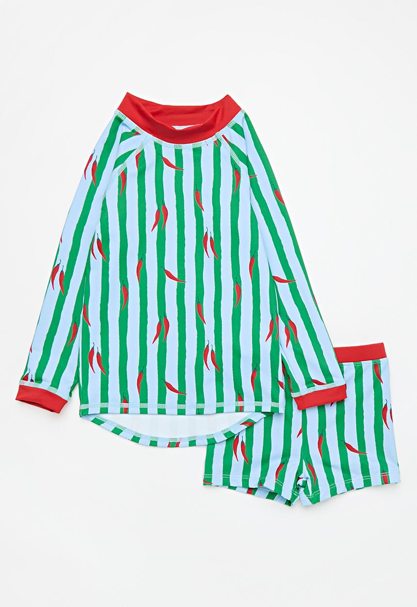 Cotton On - Flynn Long Sleeve Raglan Rash Vest & Billy Boyleg Swim Trunk Pack - Stripe/Chillies