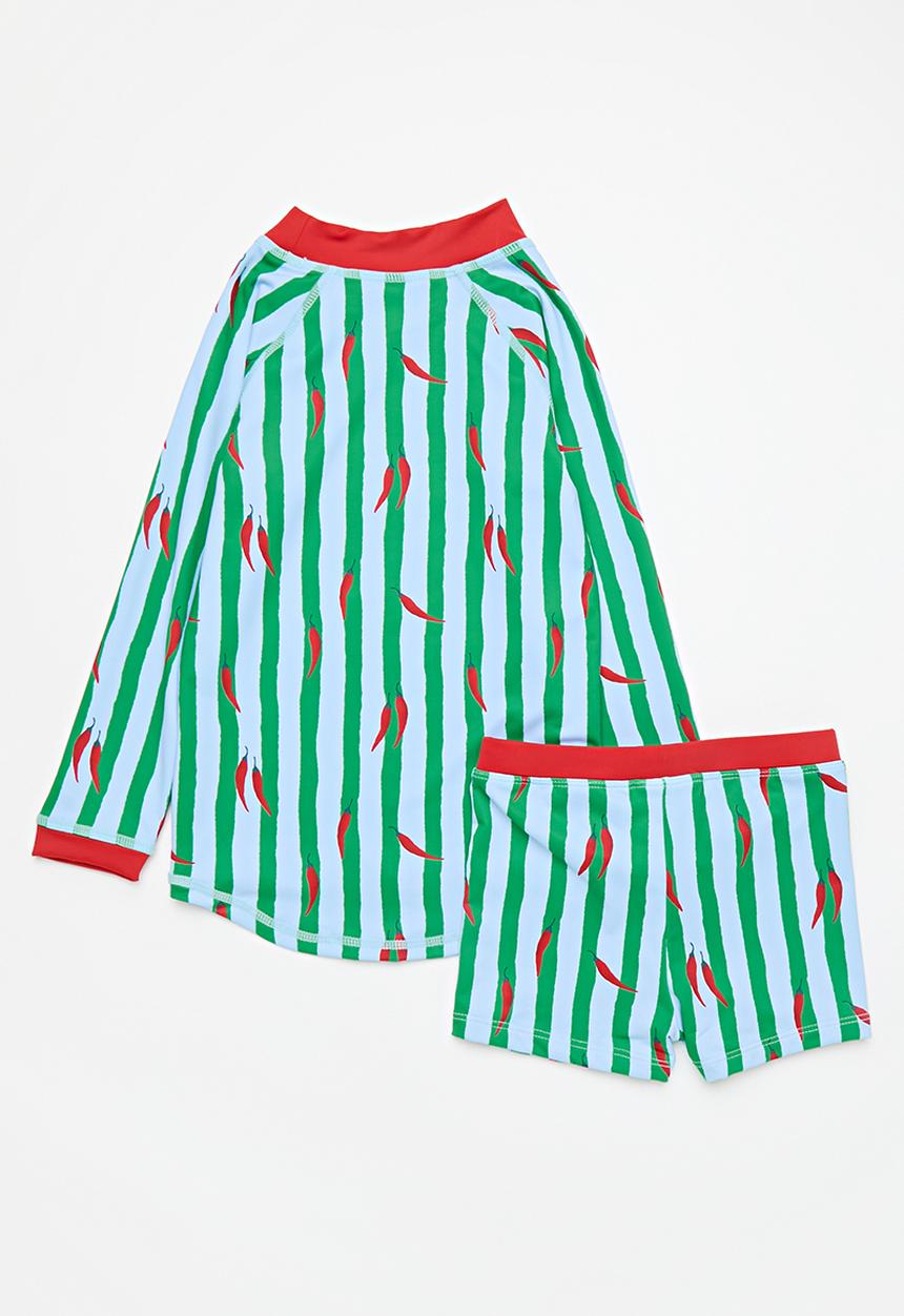 Cotton On - Flynn Long Sleeve Raglan Rash Vest & Billy Boyleg Swim Trunk Pack - Stripe/Chillies