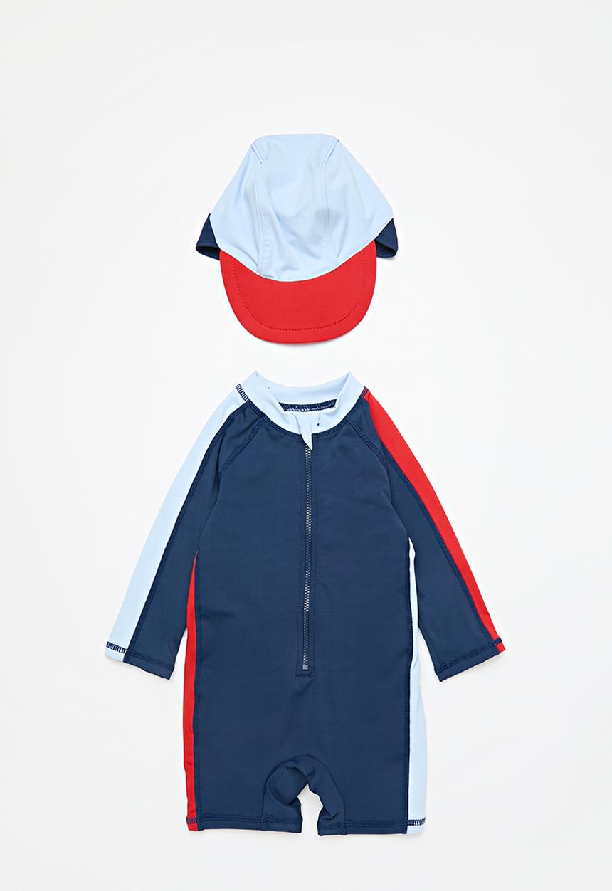 Cotton On - Bundle cameron swimsuit and sammy swim hat - navy ink/colourblock