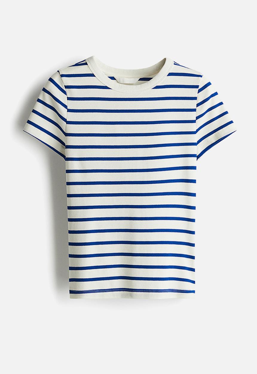 H&M - Ribbed t-shirt - cream & bright blue striped