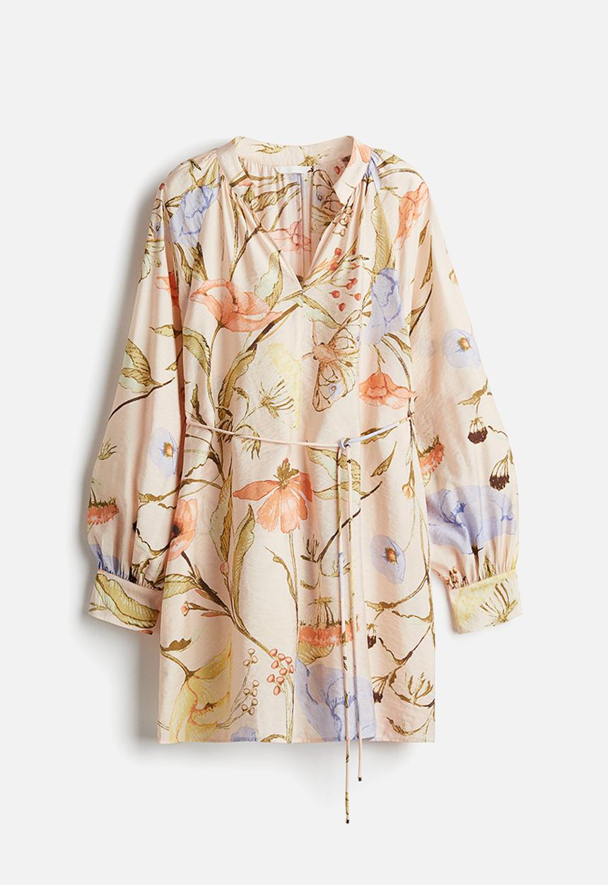 H&M - Tie-belt tunic dress -  light apricot floral