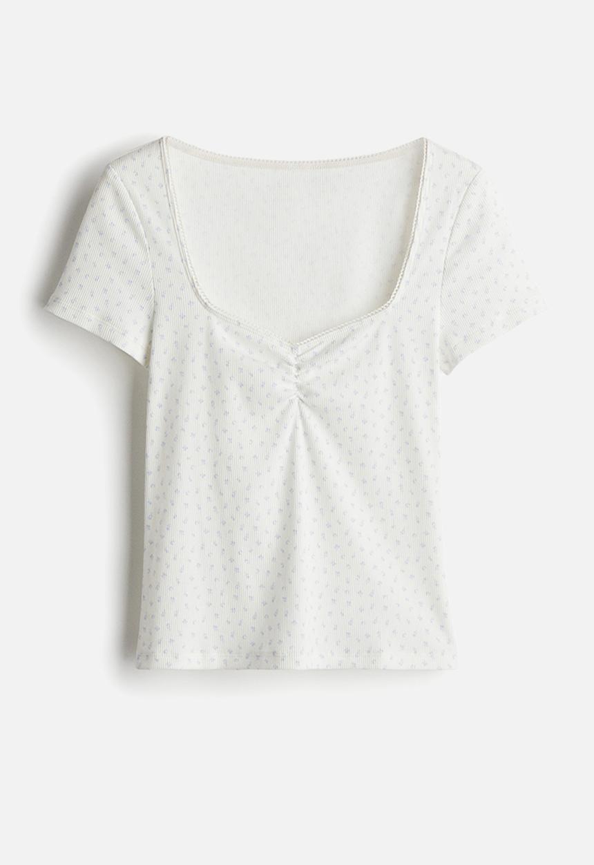 H&M - Picot-trimmed t-shirt - cream floral