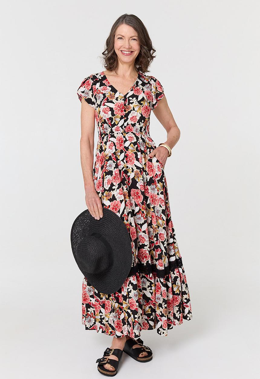 Stella Morgan - Cap flutter sleeve button through Maxi Dress - multi
