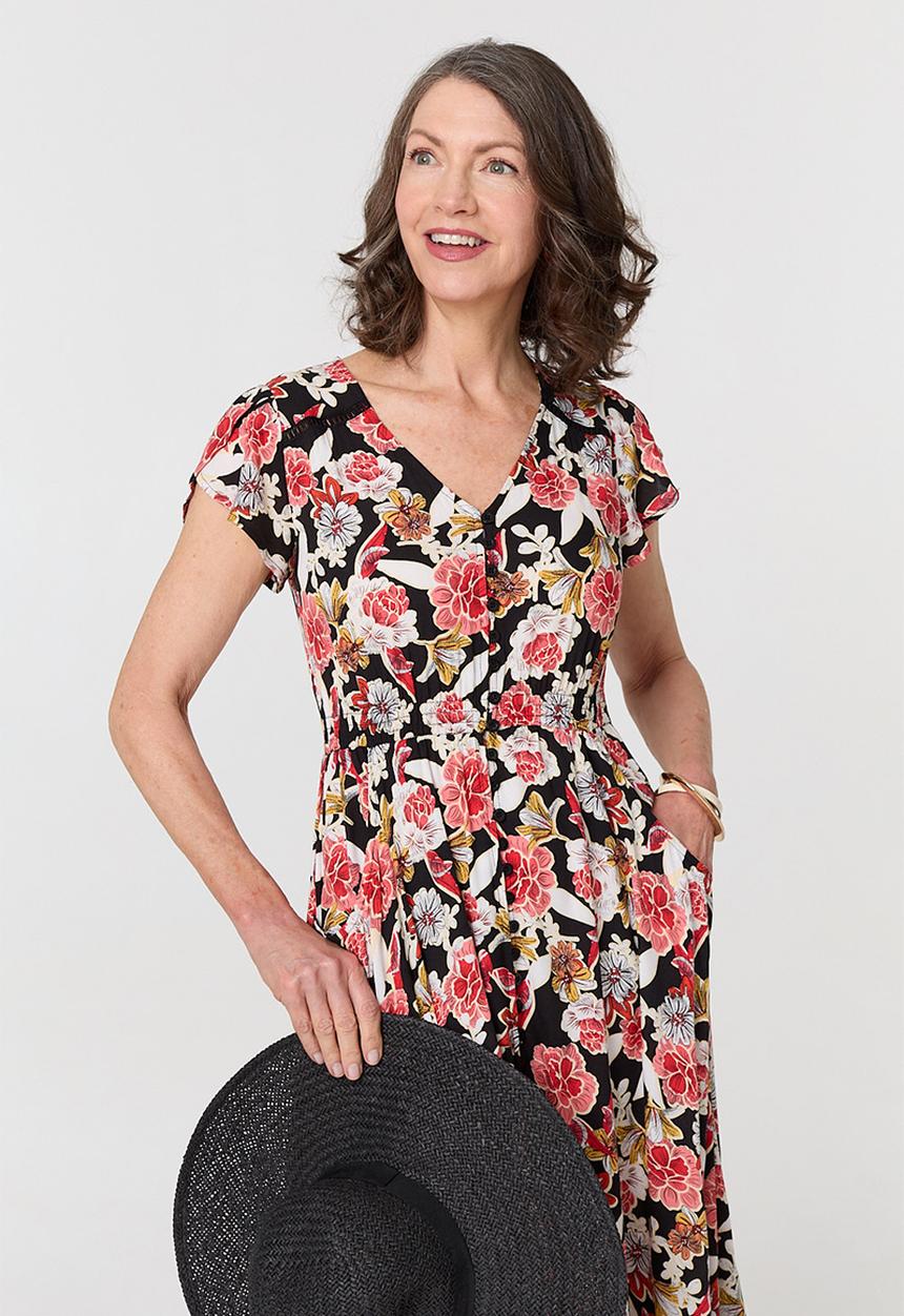 Stella Morgan - Cap flutter sleeve button through Maxi Dress - multi