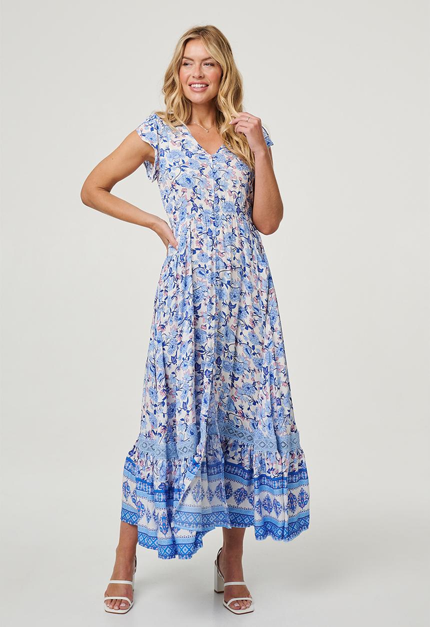 Stella Morgan - Cap flutter sleeve button through Maxi Dress - Blue