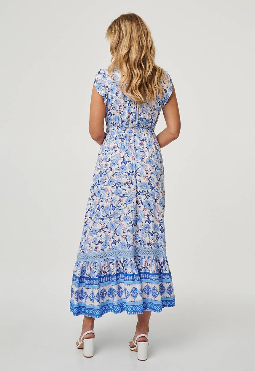 Stella Morgan - Cap flutter sleeve button through Maxi Dress - Blue