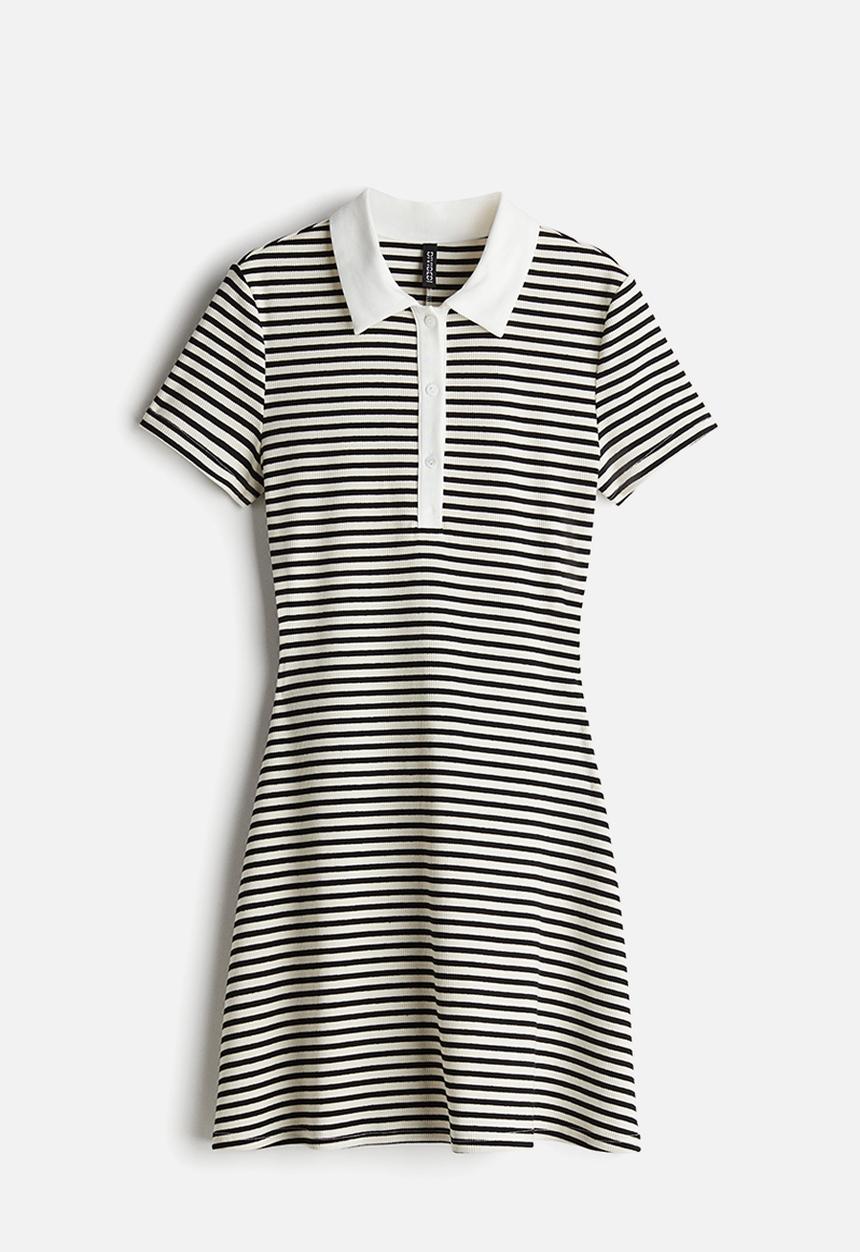 H&M - Flared-skirt polo dress - white striped