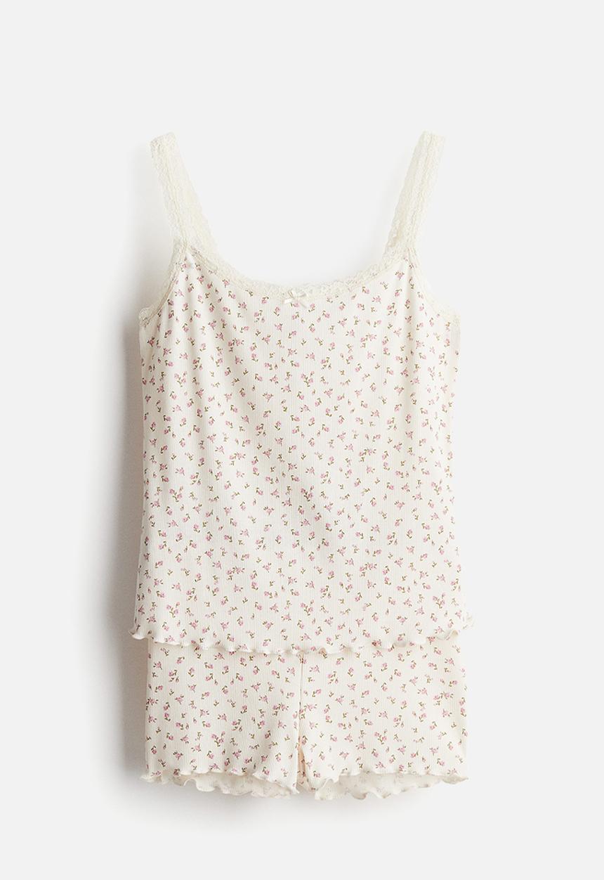 H&M - Ribbed pyjamas - cream & pink floral