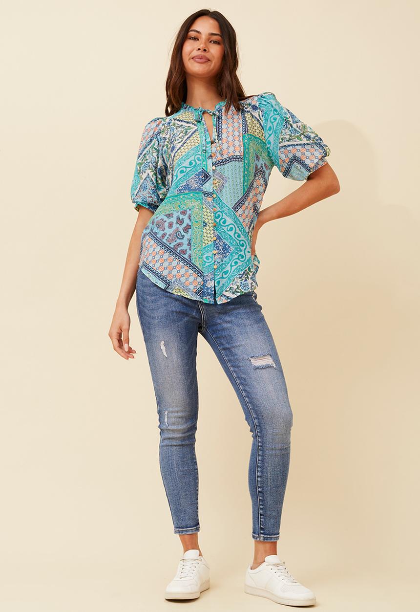 Stella Morgan - Hankerchief key hole blouse with elasticated puff sleeve - Blue