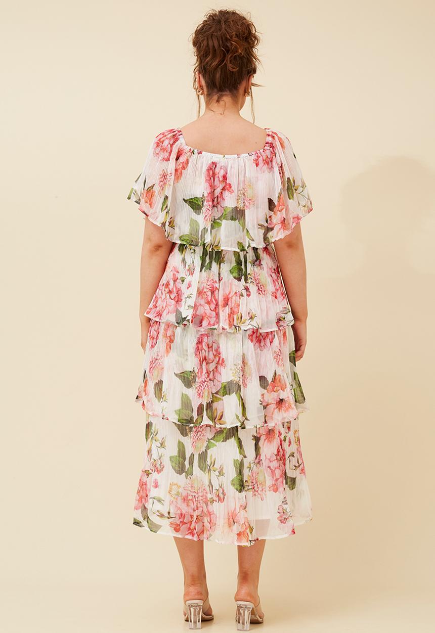 Izabel London - Pleated layered ruffle Dress with elastic neckline - Ivory Floral