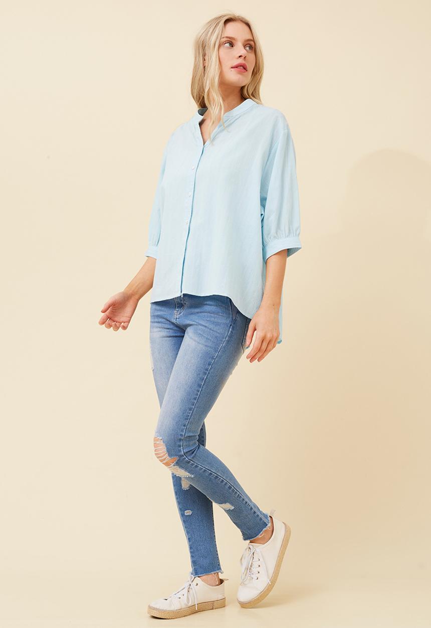 Izabel London - Oversized batwing top with button down centre back detail - Blue