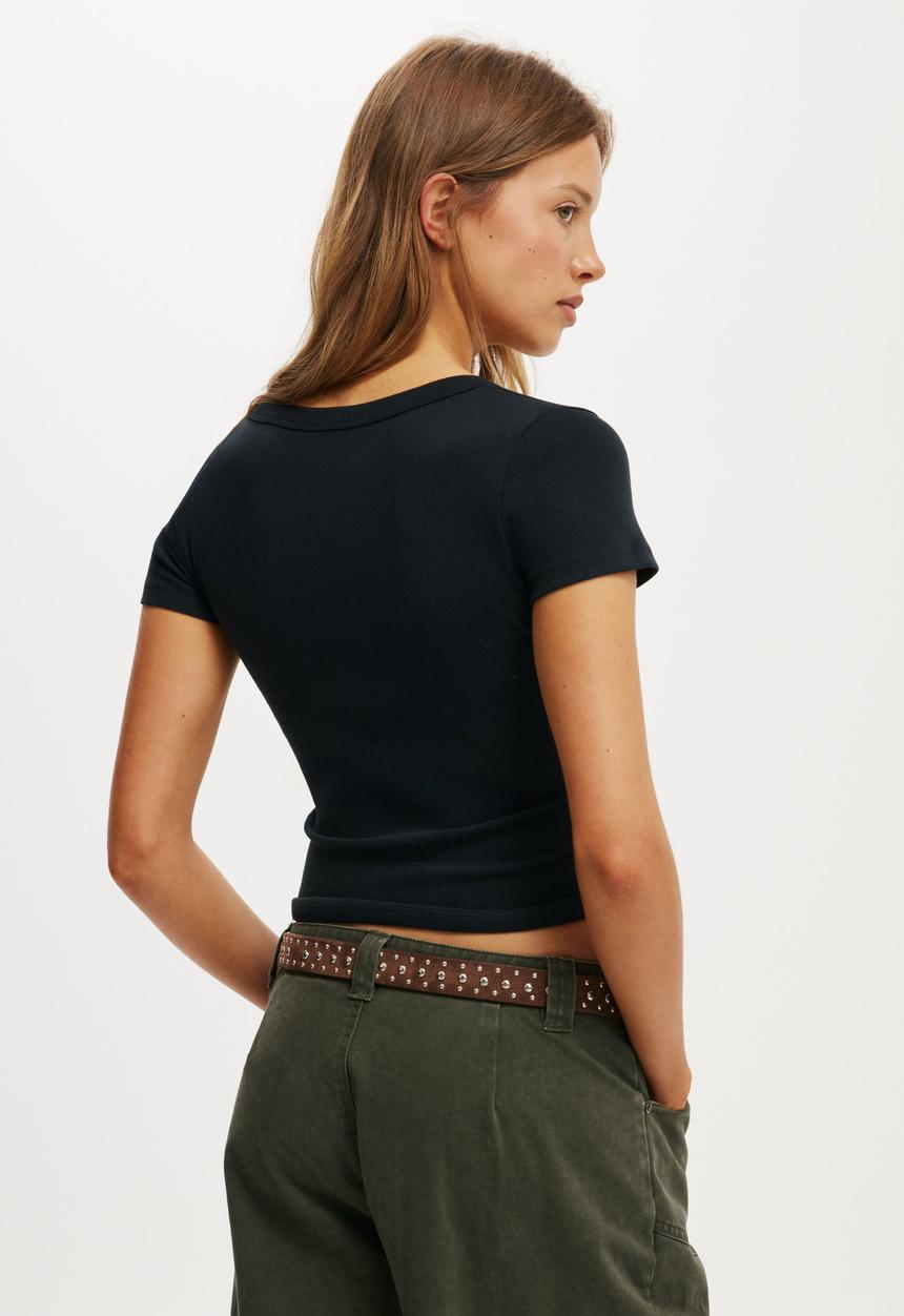 Cotton On - Goldie Rib V Neck Short Sleeve - Black