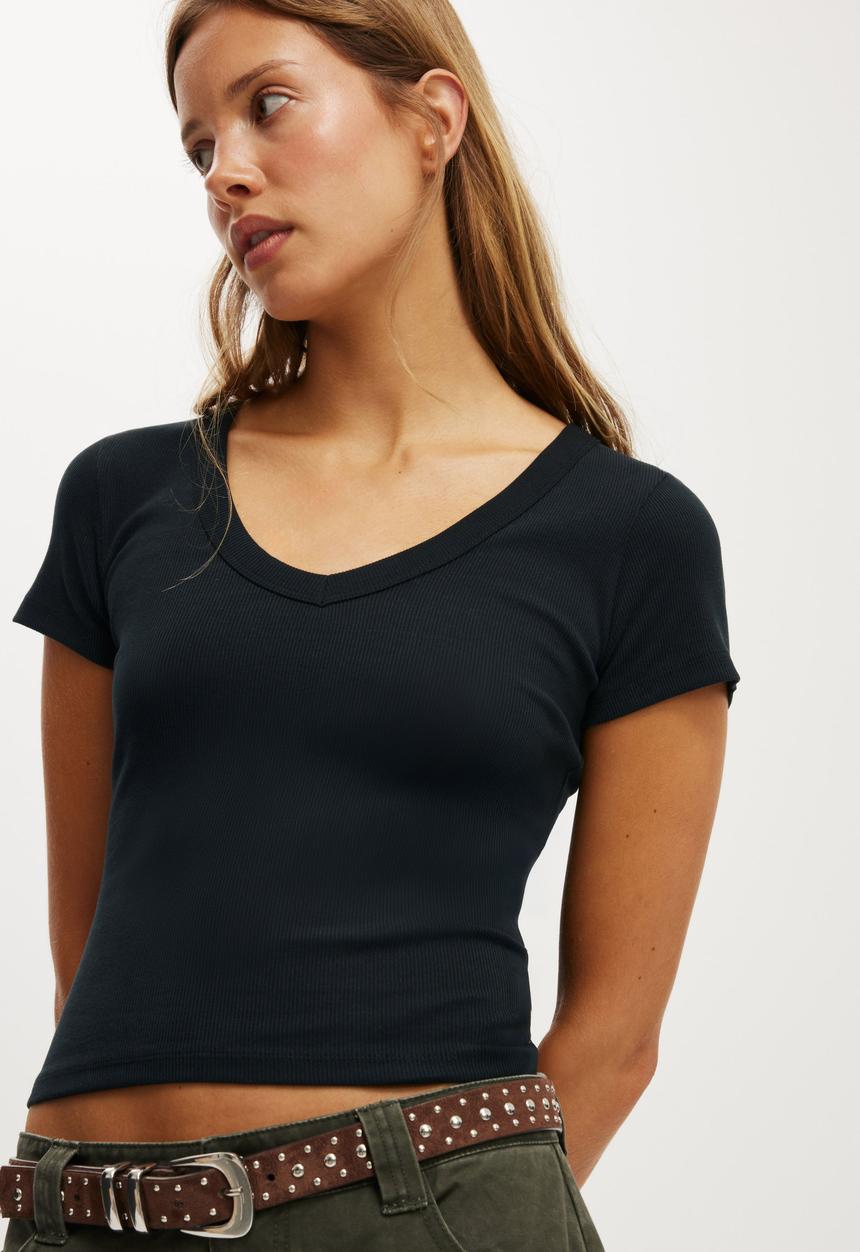 Cotton On - Goldie Rib V Neck Short Sleeve - Black