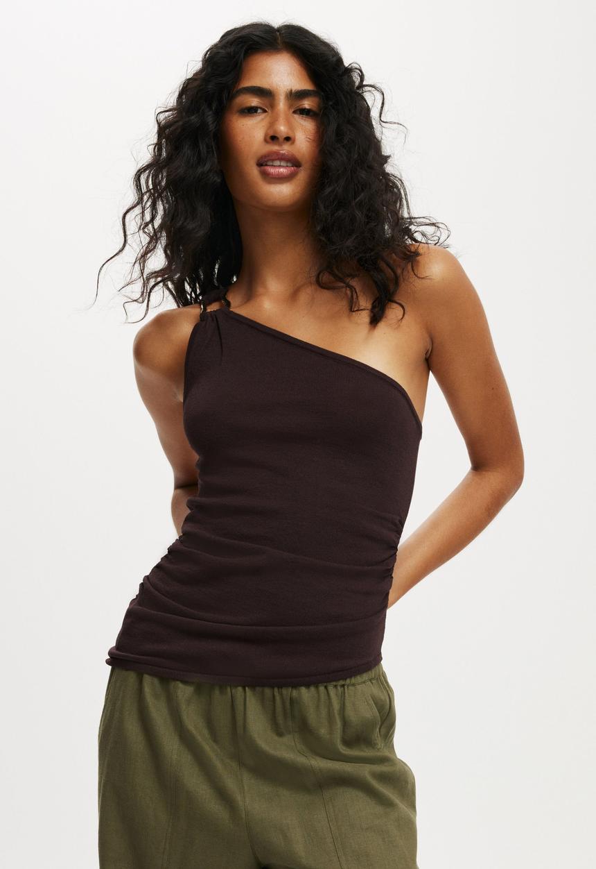 Cotton On - Asymmetric One Shoulder Knit Tank - Dark Oak