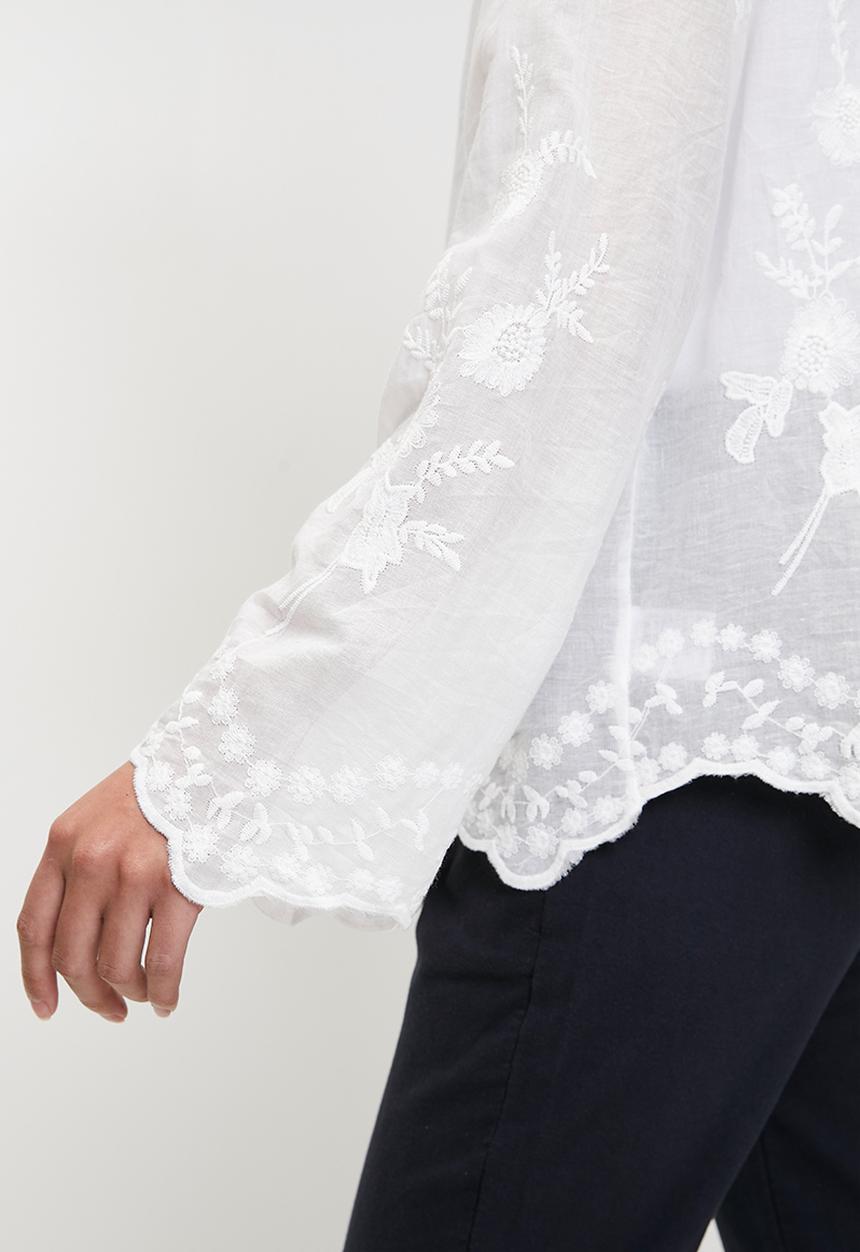 Stella Morgan - Embroidered voile blouse with scallop hem and sleeve end detail - White