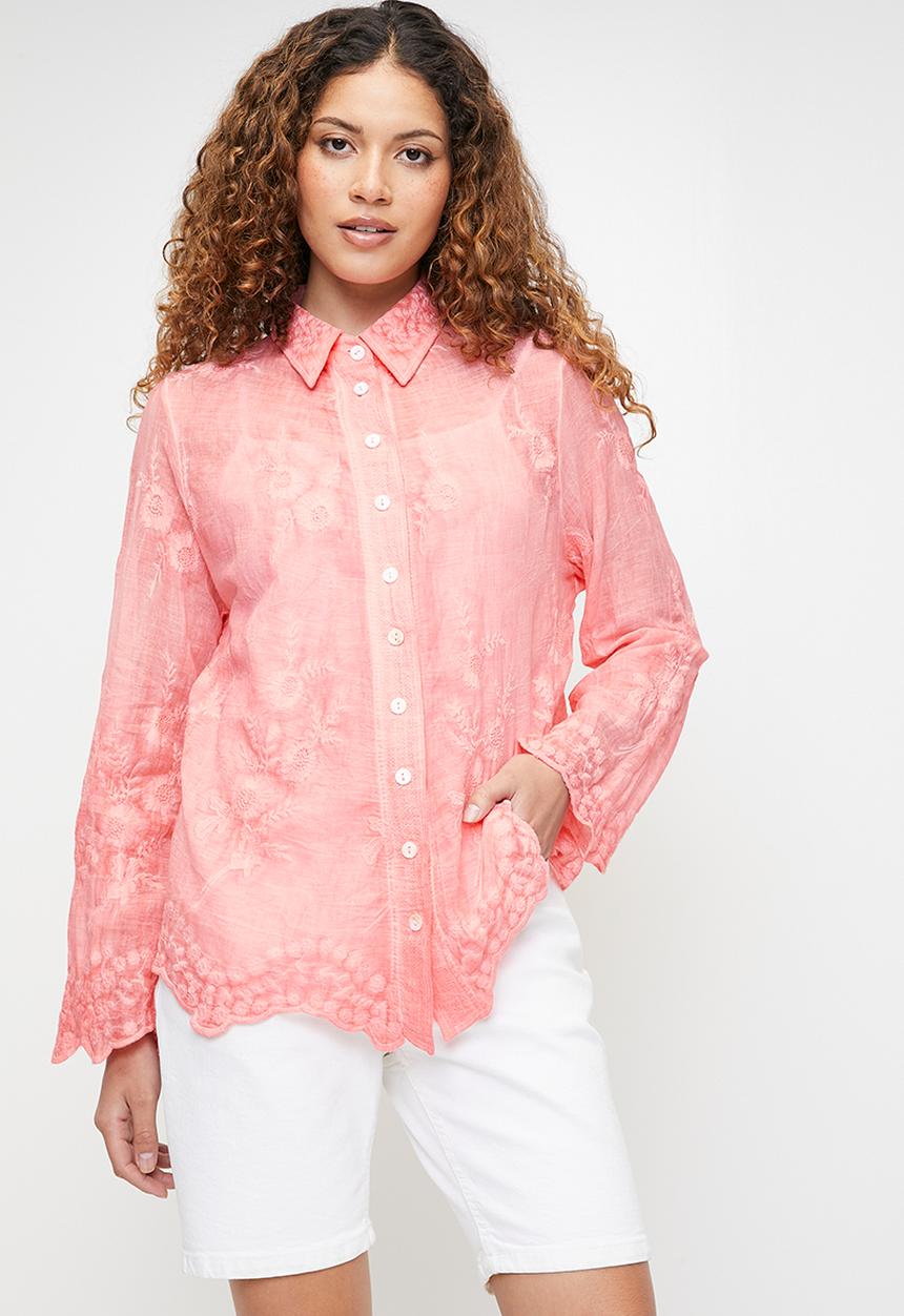 Stella Morgan - Embroidered voile blouse with scallop hem and sleeve end detail - Pink