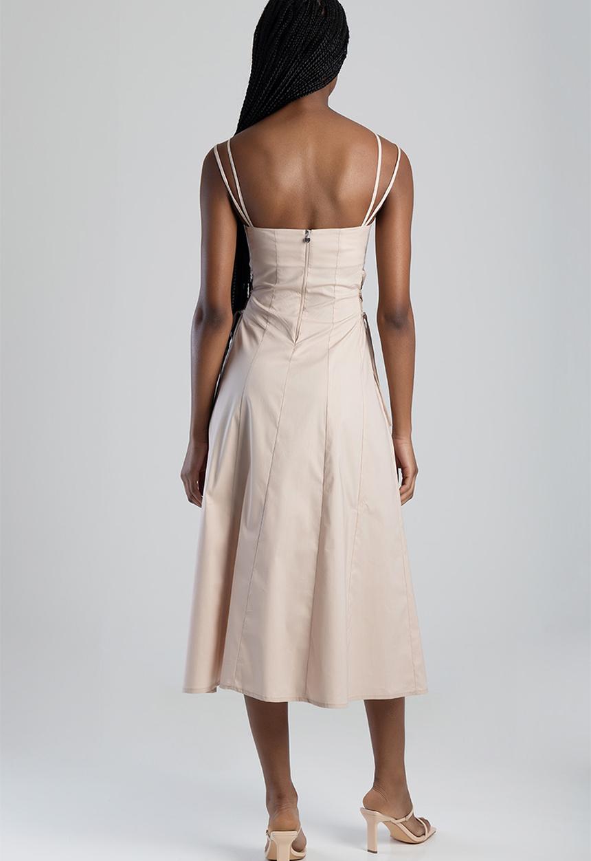 SISSY BOY - Fit And Flare Midi Dress With A V-Neckline And Strap Details - Stone
