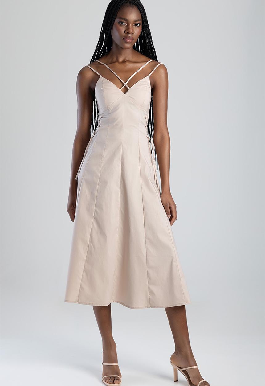SISSY BOY - Fit And Flare Midi Dress With A V-Neckline And Strap Details - Stone