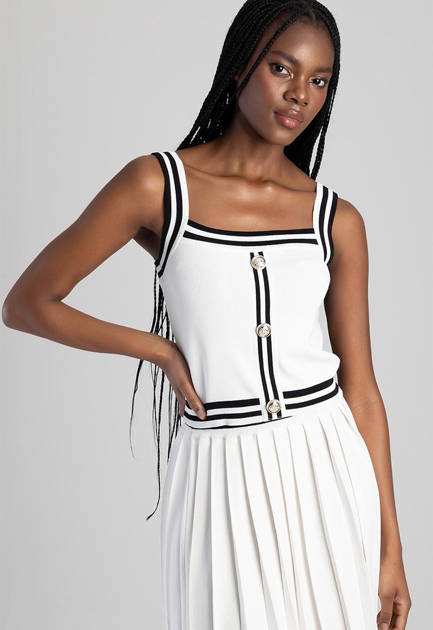 SISSY BOY - Dropping Hints: Strappy Knitwear Top With Contrast Stripes And Button Details - Black / White
