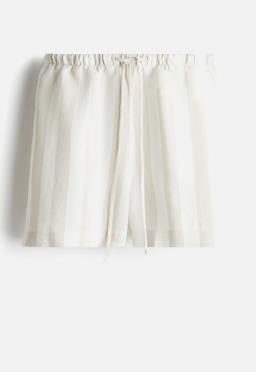 H&M - Linen-blend drawstring shorts - light beige/striped 