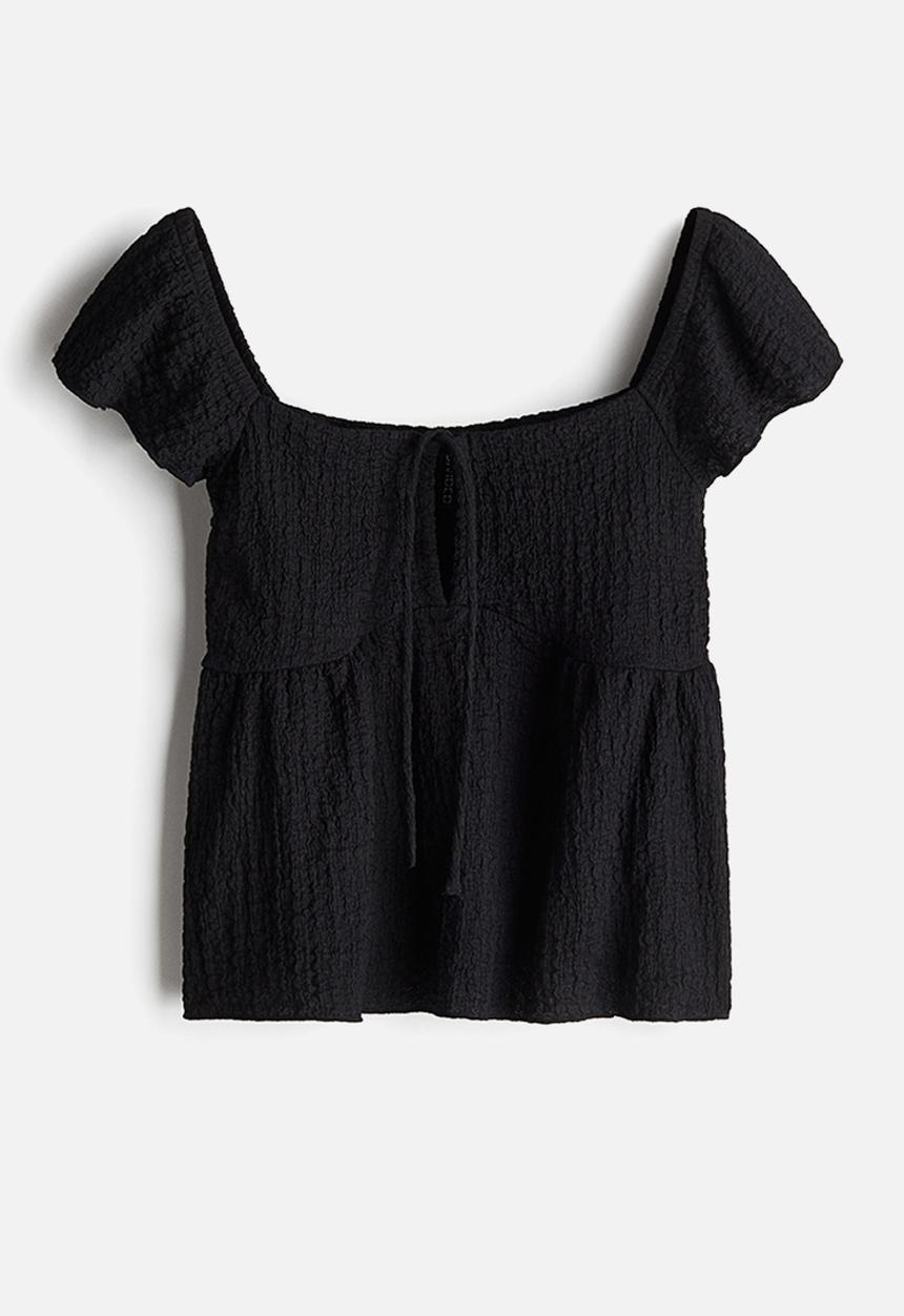 H&M - Crinkled flutter-sleeved top - black