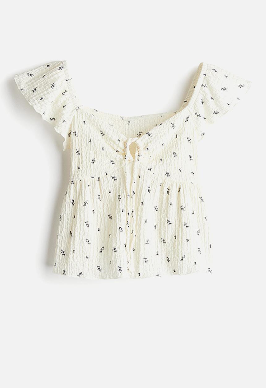 H&M - Crinkled flutter-sleeved top - cream/floral 