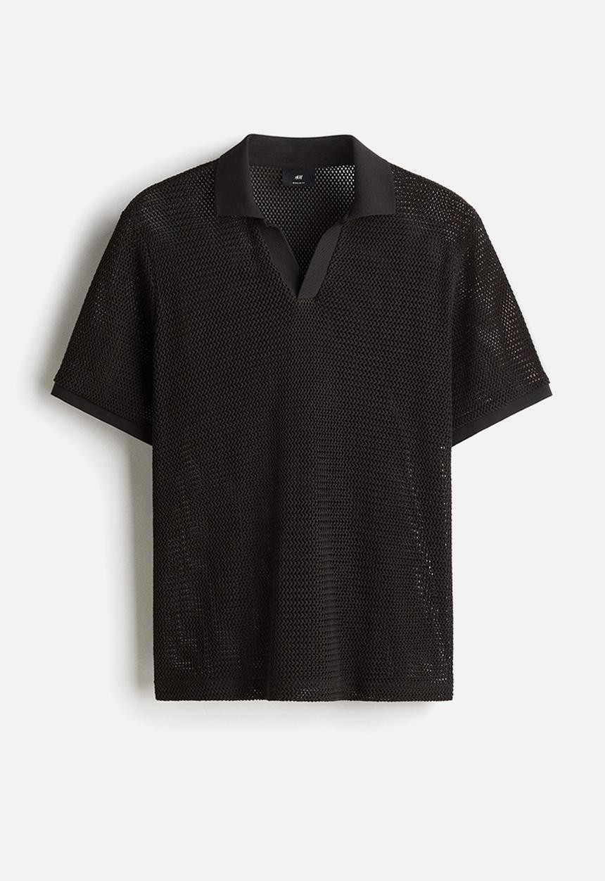 H&M - Regular fit hole-knit polo shirt - black