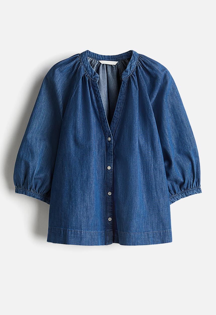 H&M - Balloon-sleeved denim blouse - denim blue