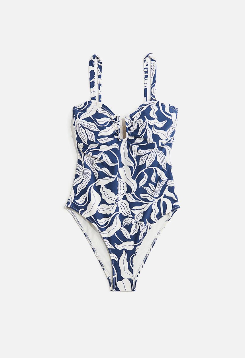 H&M - Padded-cup bandeau swimsuit - blue/patterned 